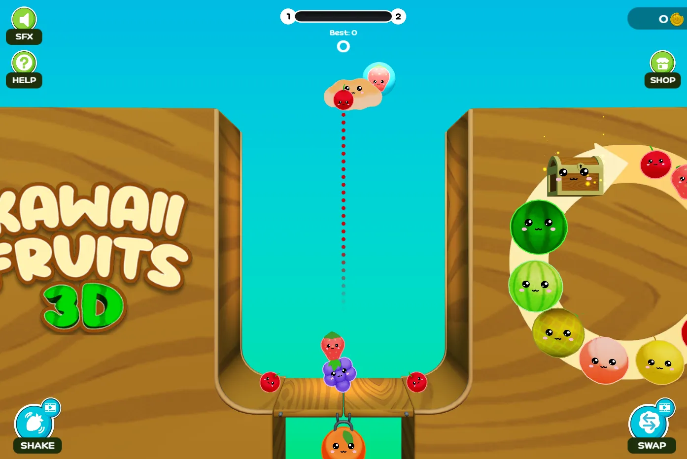 Kawaii Fruits 3D - Gameplay di puzzle di fusione del gioco Suika, che mostra la fusione di frutti e palline ornamentali con fusione fisica realistica